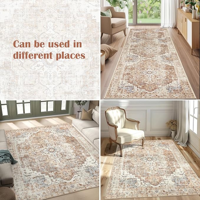 jinchan Runner Rug 2x10 Hallway Rug Kitchen Washable Runner Vintage Mat Retro Lightweight Non-Slip Floor Cover Distressed Thin Carpet for Entryway Bathroom Bedroom Laundry Room Stairway Brick Red