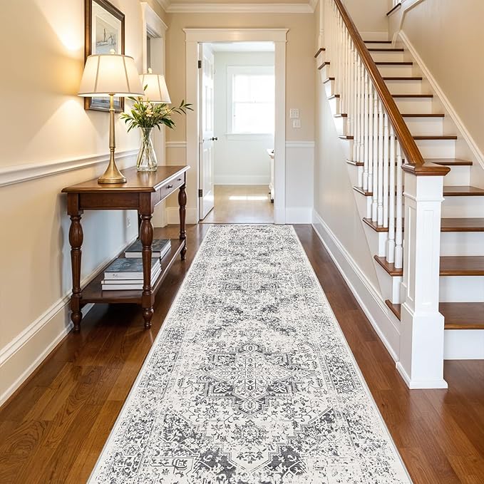 Washable Hallway Runner Rug 3x16: Soft Vintage Kitchen Laundry Runner Non Slip Low-Pile Entryway Living Room Stain Resistance Indoor Floor Long Carpet for Bedroom Bathroom, Grey