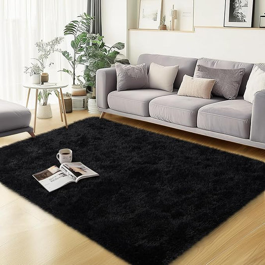 Black Area Rugs for Bedroom, 3x5 Fluffy Soft Shag Rugs for Living Room, Small Fuzzy Plush Shaggy Carpets for Boys and Girls Dorm Room Home Decor (3ft x 5ft, Black)