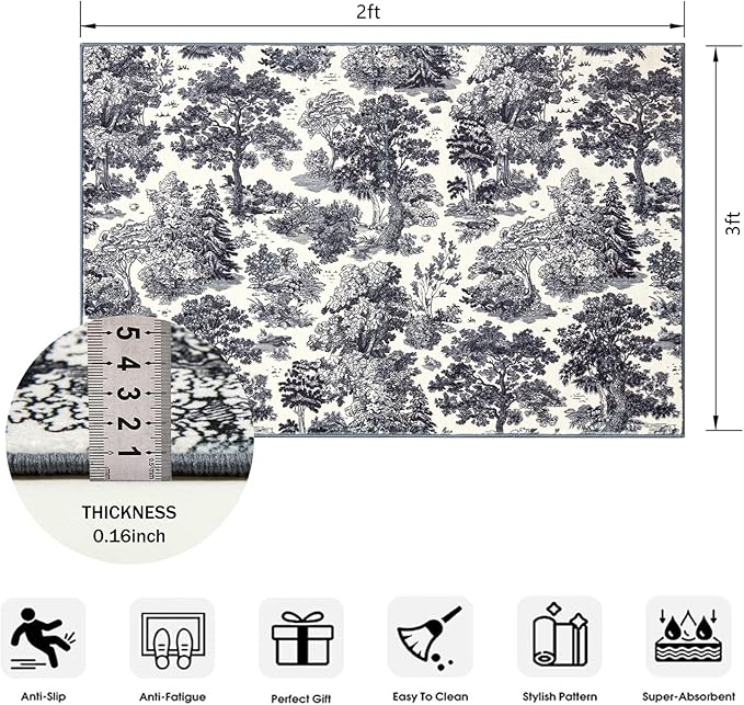 Vintage Forest Indoor Door Mat Entrance Entryway Rug Non Slip 2x3 Rug, Black and White Nature Botanical Throw Rug Washable, Abstract Mountain Plants Country Rustic Small Area Rug for Kitchen Bathroom
