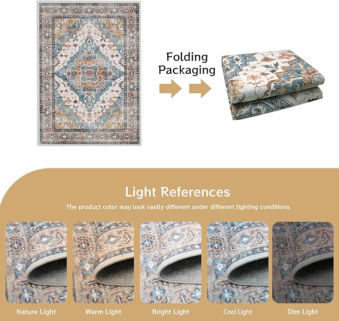 Washable Area Rugs, 3x5 Soft Non-Slip Soft Bedroom Living Room Accent Throw Boho Vintage Entry Floor Carpet for Dining Room Bathroom Entryway (Blue & Brown)