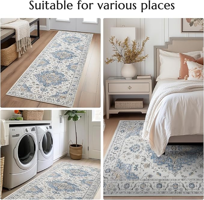 jinchan Runner Rug 2x5 Vintage Hallway Rug Boho Washable Runner Floral Medallion Retro Lightweight Non Slip Classic Thin Soft Carpet for Kitchen Bedroom Bathroom Laundry Room Doorway Blue