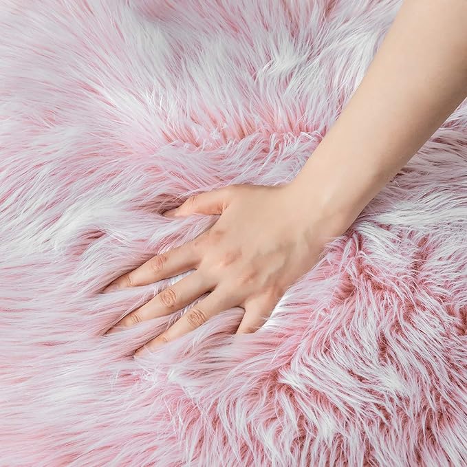Ashler Faux Fur Rug, Fluffy Shaggy Area Rug Ultra Soft 6 x 9 Feet Rectangle Fur Rug Frosted Bottom Pink Fuzzy Rug Machine Washable Shag Rug, Nursery Decor Throw Rugs for Bedroom, Living Room