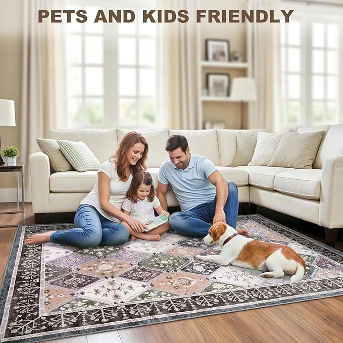 6x9 Washable Area Rug for Living Room, Boho Non-Slip Bedroom Rugs, Moroccan Floral Trellis Carpet Soft Low Pile Vintage Indoor Mat for Kitchen Laundry Room, Teal/Grey