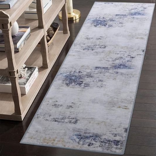 Toneed 2x6 Runner Rug Modern Abstract Hallway Rug Washable Non Slip Rubber Rugs for Kitchen Stairs Entryway Bedroom Living Room Printed Low Pile Foldable Accent Rugs Blue/White