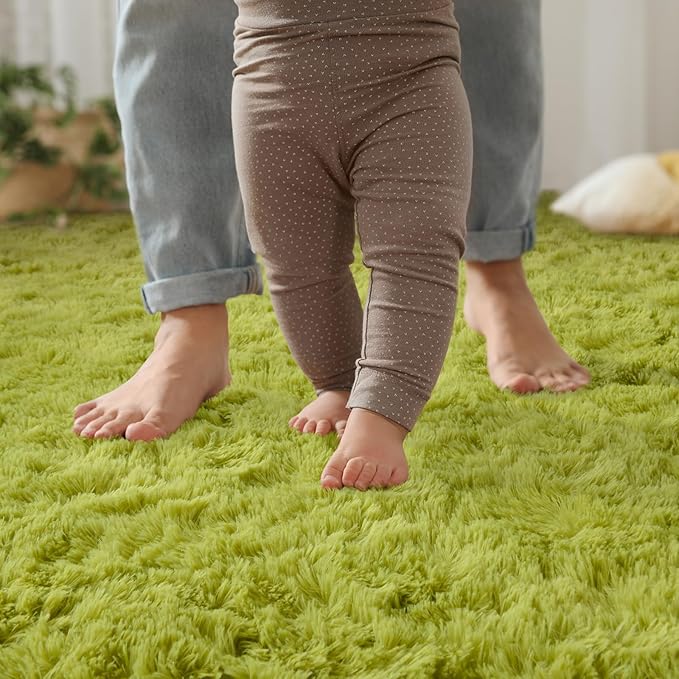 YJ.GWL Area Rugs for Living Room Bedroom, 8x10 Machine Washable Large Green Carpet, Soft Fluffy Shaggy Thick Big Shag Indoor Floor Rug for Kids Boy and Girls Room Dorm Home Decor Aesthetic