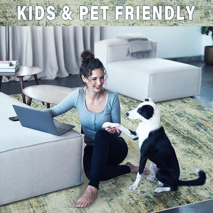 10x14 Area Rugs for Living Room: Large Machine Washable Area Rug with Non Slip Backing Non Shedding Abstract Stain Resistant Carpet for Bedroom Dining Room Nursery Home Office - Sage Green/Multi