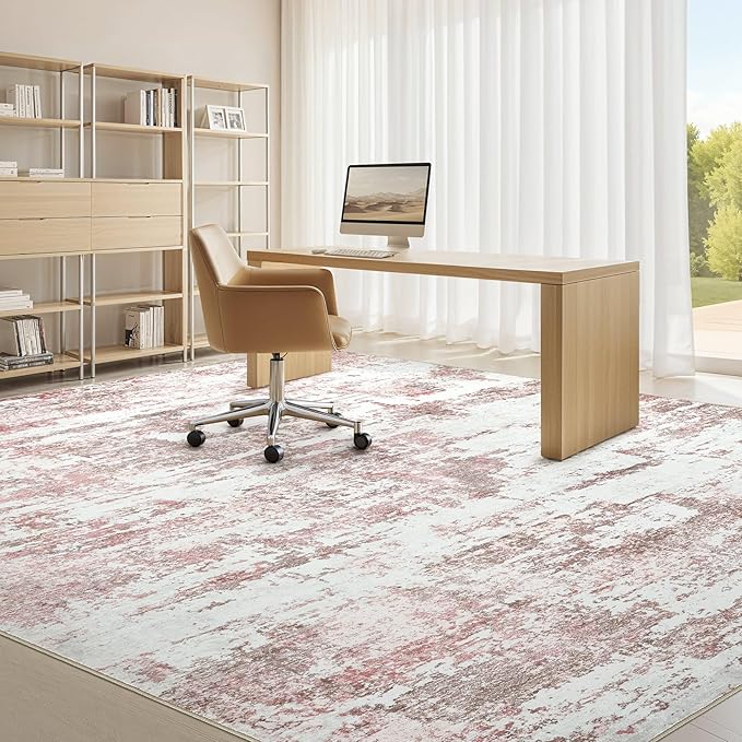 Area Rugs for Living Room: 5x7 Abstract Washable Rug Modern Neutral Large Soft Stain Resistant Non-Slip Backing Machine Table for Bedroom Dining Room Indoor Home Office Carpet - Pink