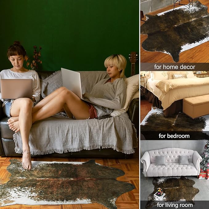 AROGAN Premium Faux Cowhide Rug 4.6 x 5.2 Feet, Sturdy and Large Size Cow Print Rugs, Suitable for Bedroom Living Room Western Decor, Faux Fur Animal Cow Hide Carpet, Saddle Brown