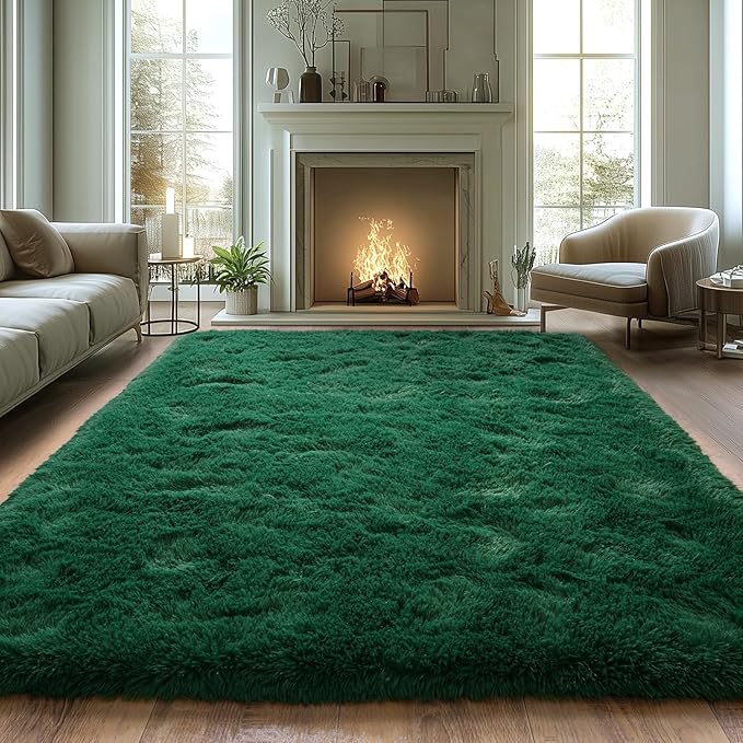 Modern Fluffy Area Rug, Green, 6x9 Feet, Machine Made, Tie-Dye, Rectangular, Microfiber, Indoor, Stain Resistant, Hand Wash Only