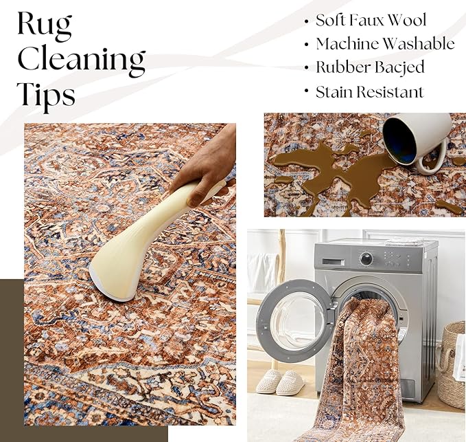 Washable Boho Area Rugs 9x12 Living Room Bedroom Under Table,Easy to Clean Vintage Floral Bohemian Rustic Western Style Large Rug for Dining Room,Terracotta Rust and Burnt Orange,9 by 12