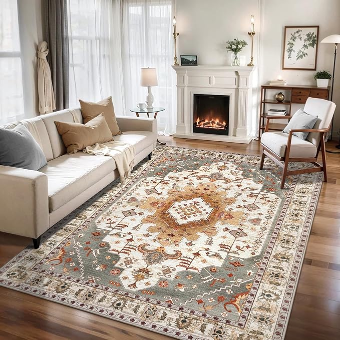 4x6 Area Rug, Vintage Turmeric, Machine Made Geometric, Indoor, Foldable Non Slip Washable Shed Resistant, 0.35 Inch Pile, Rectangular, Bedroom Bathroom Living Room Entryway