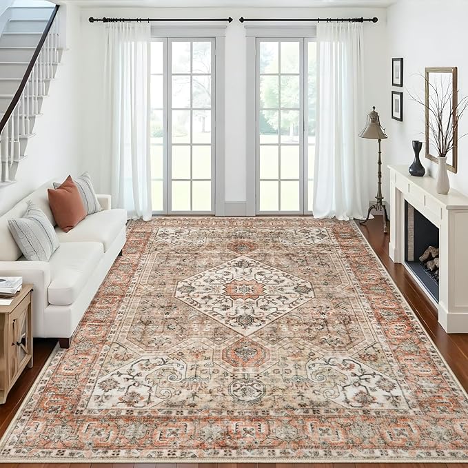 Washable 9x12 Large Area Rug: Vintage Non-Slip Backing Rugs for Living Room Stain Resistant Bedroom Carpet Soft Medallion Farmhouse Floor Mat for Dining Room Home Office 9x12 Orange/Brown