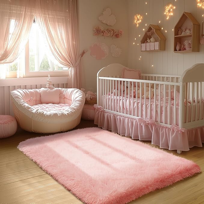 Zentavio Pink Rugs for Girls Room 3x5 Area Rugs for Living Room Small Carpet for Bedroom Cute Washable Soft Fluffy Shag Aesthetic Plush High Pile Throw Rug for Nursery Kids Room Dorm Room