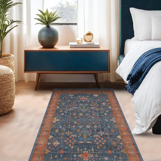 Washable 4x6 Small Rug for Living Room, Area Rug for Kitchen, Bedside, Large Entryway Indoor - Stain Resistant Non Skid Non Slip with Rubber Backing, Boho Aethestic Décor (4x6 Navy Blue)