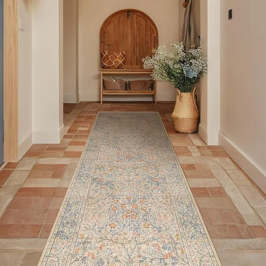 Non Slip Beige Blue Bathroom Runner Rug - Long Runner Rugs 24 x 72 Washable Kitchen Floor Mat, Laundry Room Rug, Hallway Runner - Vintage Design Décor (2x6 Beige Blue)