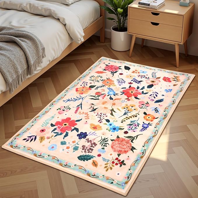 2x3 Small Floral Rug for Entryway, Flowers Printed Washable Rugs with Non Slip Backing for Girls Bedroom Kitchen, Cute Throw Carpet Front Door Entry Decor, Peach White