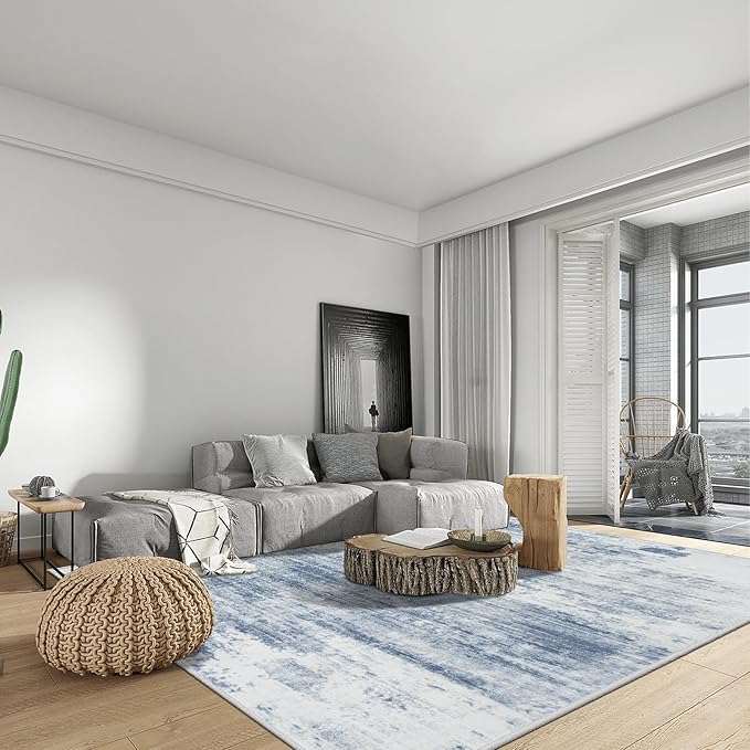 10x14 Area Rugs Washable Rug: Modern Abstract Living Room Rug Soft Anti-Skid Thin Carpet Indoor Floor Non-Shedding Carpets for Bedroom Dining Room Farmhouse Nursery Home Office Blue White