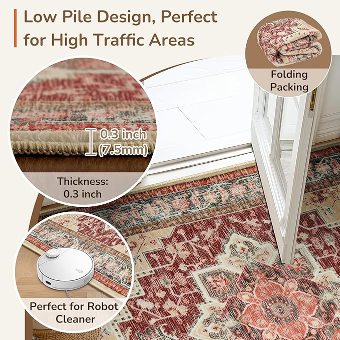BESTSWEETIE 2x10 Area Rugs for Living Room, Washable Ultra Soft Boho Vintage Print Pattern Rug Non Slip Low Pile Carpet for Dining Room Bedroom Entryway Indoor-Wine/Natural/Red/Black