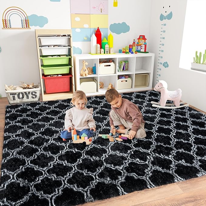 Large Rugs 8x10 Area Rugs for Living Room,Plush Fluffy Carpets for Boy and Girls Room, Modern Soft Shag Rug for Bedroom, Non Slip, Indoor Carpet for Kids Dorms Home Office Decor, Black