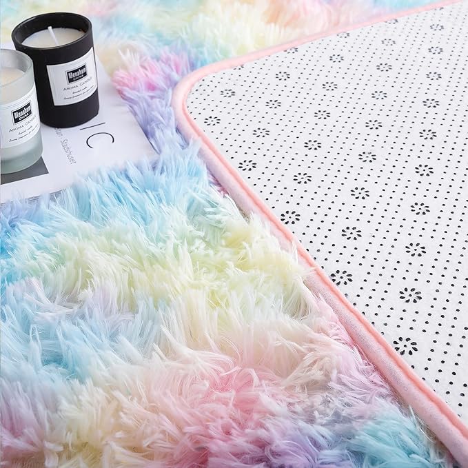 Noahas Fluffy Rainbow Rugs for Bedroom Girls,2x6 Shag Pink Kids Room Rug,Shaggy Area Rugs for Living Room,Soft Fuzzy Colorful Playroom Nursery Dorm Carpets Room Decor