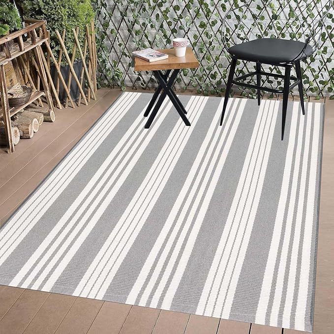 BUAGETUP Grey and White Striped Outdoor Patio Rug 4' x 6',Hand Woven Cotton Patio Rug Front Porch Rug Indoor Outdoor Area Rug for Bedroom/Living/Room/Patio