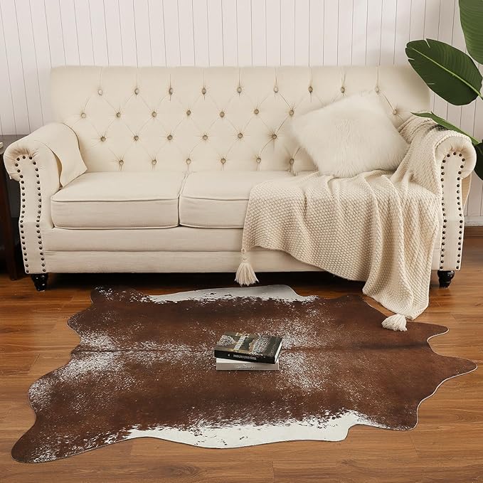 AROGAN Western Decor Faux Fur Cowhide Rug, Large Size Premium Animal Skin Cow Hide Rug, Sturdy Cow Print Rugs for Wall Decor, Western Floor Carpet for Bedroom Living Room, Brown