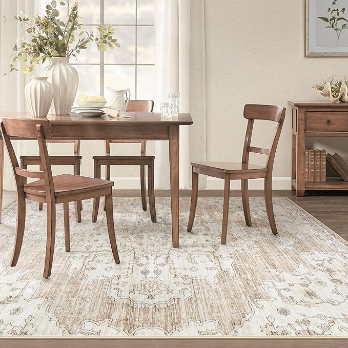 4x6 Area Rugs Washable Rug: Large Vintage Living Room Rug with Non-Slip Backing Low Pile Rugs Soft Indoor Floor Thin Carpet Non Shedding Neutral Carpets for Bedroom Dining Room Farmhouse Nursery Beige