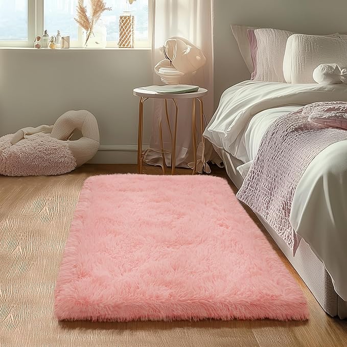 Zentavio Bedside Rugs Small 2x3 Shag Entry Entrance Rugs Soft Girls Bedroom Carpet Area Rugs for Dorm College Essentials Non-Slip Living Room Throw Rug Home Decor Aesthetic Nursery Pink