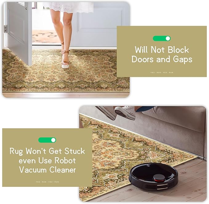 Green Rug 3x5 Area Rugs, Boho Washable Rug for Bedroom Living Room Kitchen Office Laundry Room, Non Slip Vintage Small Soft Rugs Retro Distressed Floor Carpet