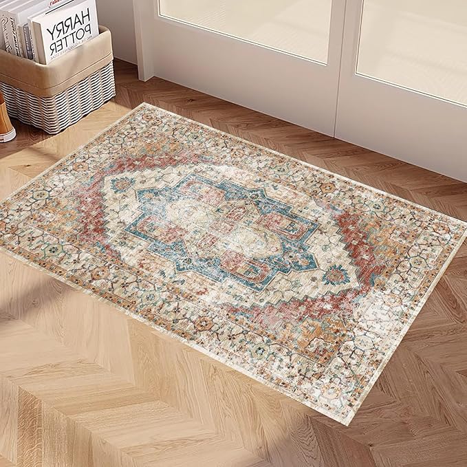 Yancorp 2'x3' Boho Throw Rug for Bedroom Non Slip Washable Rug Vintage Carpet Small Rug for Entrance Indoor Floor Mats Bedroom Kitchen Entryway Rug Bath Rug Orange