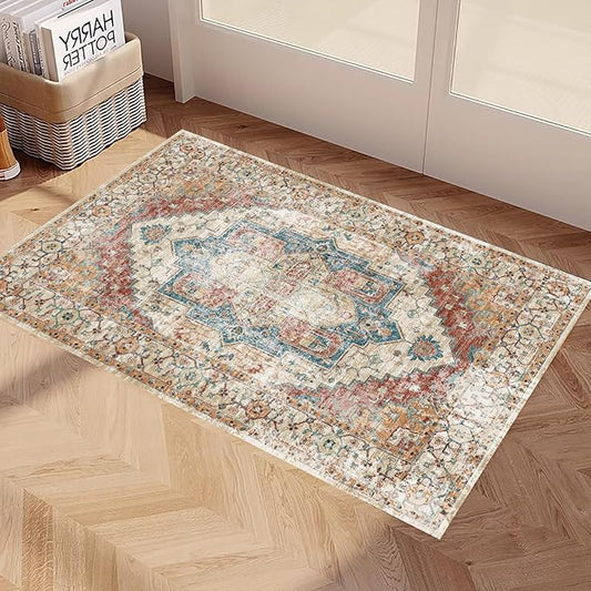 Yancorp 2'x3' Boho Throw Rug for Bedroom Non Slip Washable Rug Vintage Carpet Small Rug for Entrance Indoor Floor Mats Bedroom Kitchen Entryway Rug Bath Rug Orange