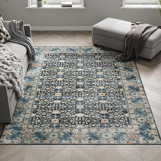 Dripex 5x7 Area Rugs, Machine Washable Non Slip Distressed Boho Rugs, No Pile Lightweight Vintage Rug, Floor Carpet for Living Room,Dining Room,Bedroom and Office,Navy Blue