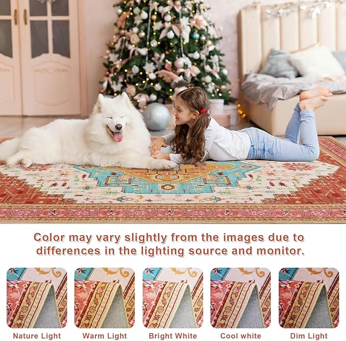 4x6 Orange Pink Area Rug for Living Room, Machine Washable Rugs with Non-Slip Backing for Bedroom, Vintage Medallion Carpet Kitchen Laundry Kids Room Decor