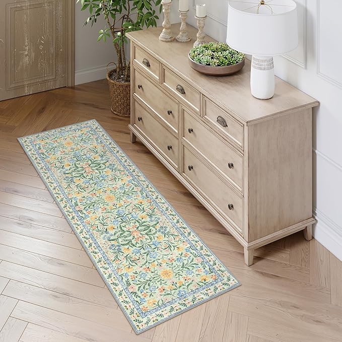 Lahome Machine Washable Runner Rug 2x6,Boho Bathroom Rug Runner,Vintage Floral Soft Ultra-Thin Indoor Throw Carpet for Entryway Bedroom Hallway Bath Laundry Room, Green/Multi