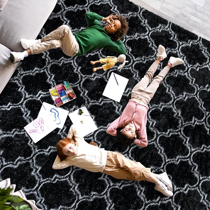 Large Area Rugs 9x12 Living Room, Plush Thick Carpets for Boy and Girls Room, Modern Soft Shag Rug for Bedroom, Non Slip, Indoor Carpet for Nursery Dorms Home Decor Aesthetic, Black