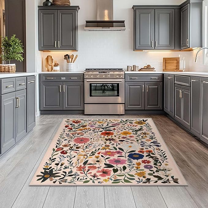 4x6 Rug Boho Floral Area Rug Bedroom Ultra-Thin Soft Low Pile Large Carpet Living Room Non Slip Dining Room Office Stain Resistant Washable Machine