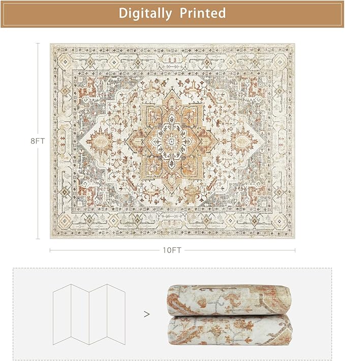 Washable Rugs 8x10 Area Rugs for Living Room,Rugs for Bedroom,Large Carpets,Ultra Soft Faux Wool Retro Dining Room Rug,Non Slip&Non-Shedding Low Pile Vintage Print Rug for Home Office,Turmeric