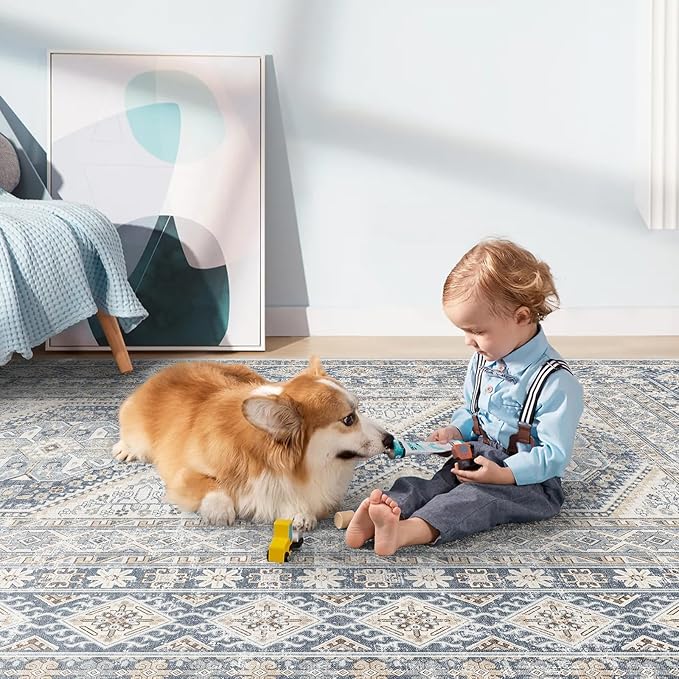 5x7 Area Rugs for Living Room:Washable Oriental Rug for Bedroom Dining Room Carpet 5 by 7 Indoor Non Slip Rubber Backing Neutral Nursery Dorm Home Office Kids 5X7 Blue