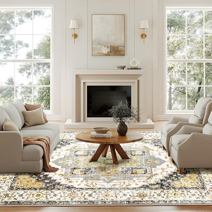 Washable 9x12 Area Rugs, Rugs for Living Room, Low-Pile Water&Stain Resistant Carpet Vintage Distressed Printed Non-Slip Carpet for Bedroom Bathroom Kitchen-Grey Yellow