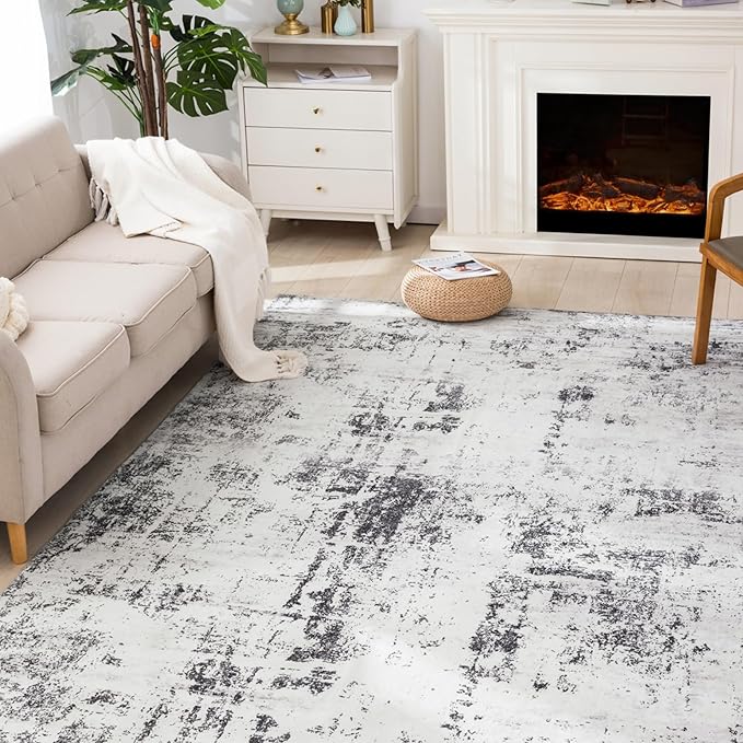 Carvapet Rugs for Living Room, Modern Abstract Low Pile Large Carpet with Rubber Backing, Foldable, Non Slip Machine Washable (9 x 6 Feet Rectangular, Grey Area Rug)