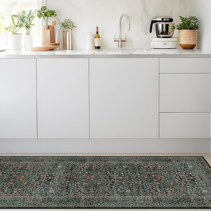 Dark Green 2x7 Long Washable Runner Rug Non Slip, Throw Rugs Runners for Kitchen Hallways Entryway Bathroom Laundry Room, Floor Mat Vintage Floral Carpet Low Pile Stain Resistant