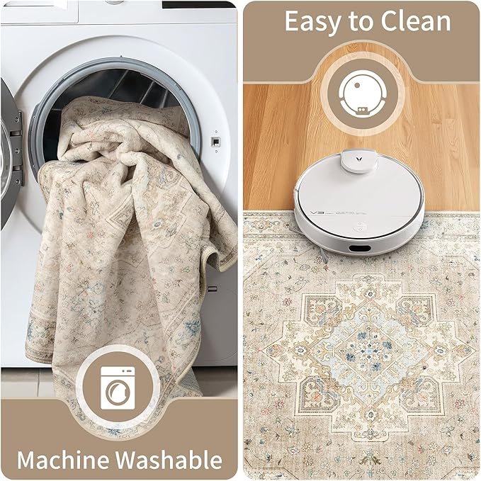 2x3 Small Rugs Beige Boho Rug for Entryway Bathroom Bedroom Kitchen Vintage Soft Throw Rug Low Pile Non Slip Washable Floor Carpet