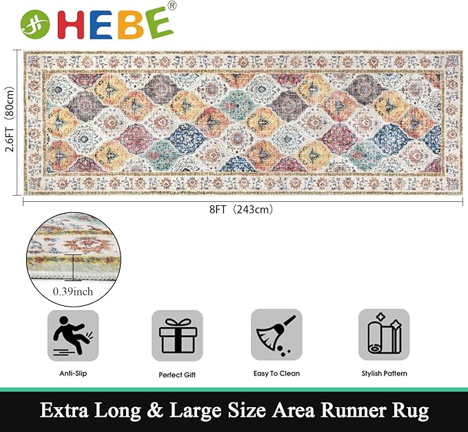 HEBE Hallway Runner Rug 2'8''x8' Washable Vintage Distressed Area Rugs Non Slip Laundry Rug Runner Boho Floor Carpet Runners for Hallways Entryway Laundry Room Kitchen Bathroom