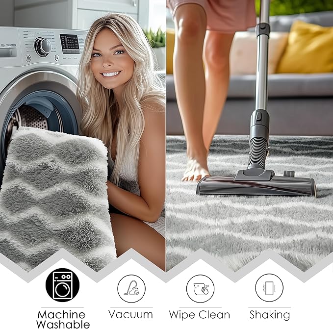 RUGTUDER 4x6 Area Rugs for Living Room, Fluffy Fuzzy Washable Striped Rugs Shaggy Rug for Bedroom, Soft Plush Furry Rug Floor Carpet for Kids Room Nursery Classroom Dorm Office Decor, Grey and White