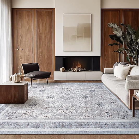Phantoscope Vintage Collection Area Rug 6'x9' - Washable Rug Boho Rugs Non-Slip for Living Room, Bedroom, Dining Room, Dorm, Indoor Low-Pile Carpet Distressed Accent Rug, Light Grey/Neutral