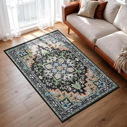 3x5 Area Rug, Vintage Floral Rug for Living Room, Small Area Rugs for Bedroom, Non-Slip Washable Rug, Traditional Persian Boho Style, Fluffy Low-Pile Soft Carpet, Dark Green