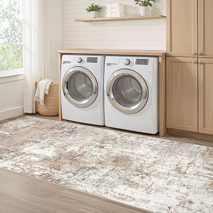 Runner Rug Kitchen Washable Rugs: 3x10 Non-Slip Abstract Soft Modern Stain Resistant Indoor Floor Neutral Accent Throw Carpet for Hallway Bathroom Laundry Room Entryway Bedroom- Brown