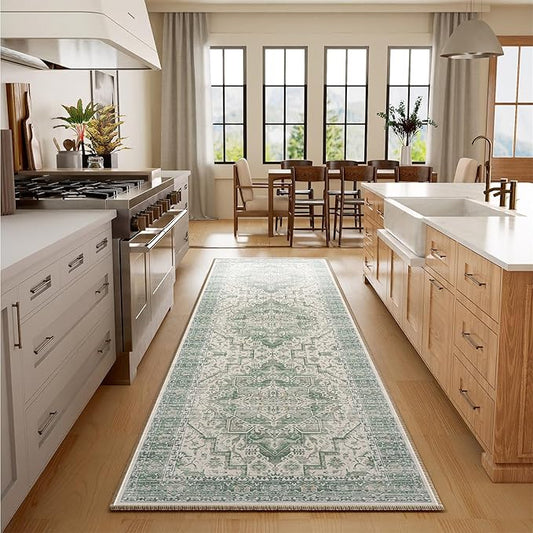 2x6 Area Rug Boho Machine Washable Living Room Rug Non Slip Low Pile Vintage Print Distressed Soft Carpet for Bedroom Diningroom Green/Pink