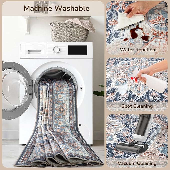 BESTSWEETIE 2x3 Area Rugs for Living Room Washable Non Slip Carpet Low Pile Soft Vintage Print Pattern Rug for Bedroom Dining Room Kitchen Entryway Indoor-Navy Blue/Light Blue/Natural/Brick
